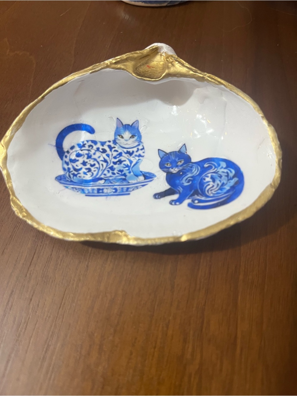 Gilded Decoupage Handmade Clam Shell Del Cats, Blue Trinket Dish, Ring Holder